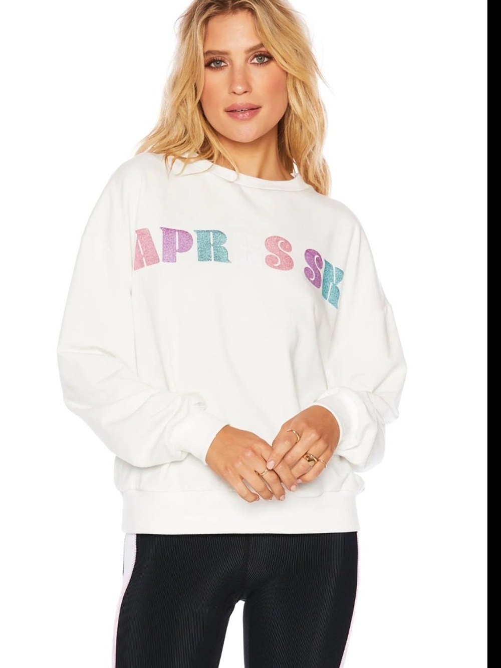 Beach Riot Apres Ski White Crewneck Sweatshirt with Pastel Glitter Medium $128